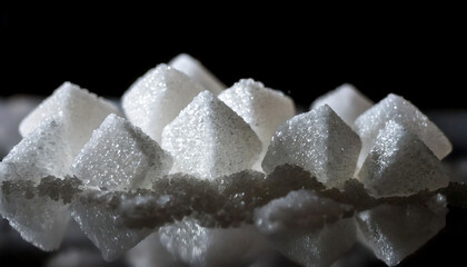 Stunning close-up of glistening sugar cubes, arranged as a miniature mountain range against a dark background.  Perfect for food, health, or abstract concepts.  High-quality image ideal for print or