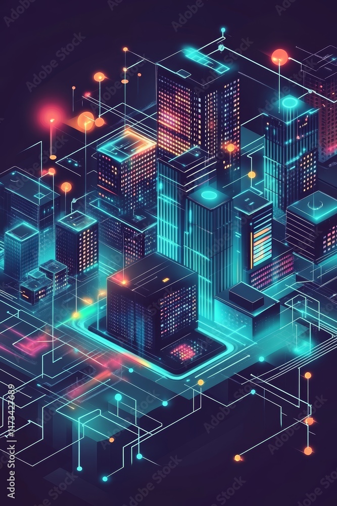 Poster isometric digital network design representation of big data in a futuristic urban environment