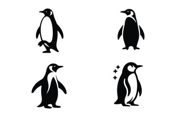 Penguin Silhouette Collection in Black on White Background. Cute Vector Design