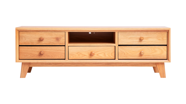 Modern wood tv stand isolated on transparent background remove PNG, clipping path