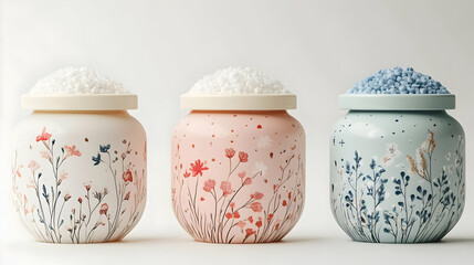 Three round jars with floral designs and textured lids, arranged in a row on a white background.