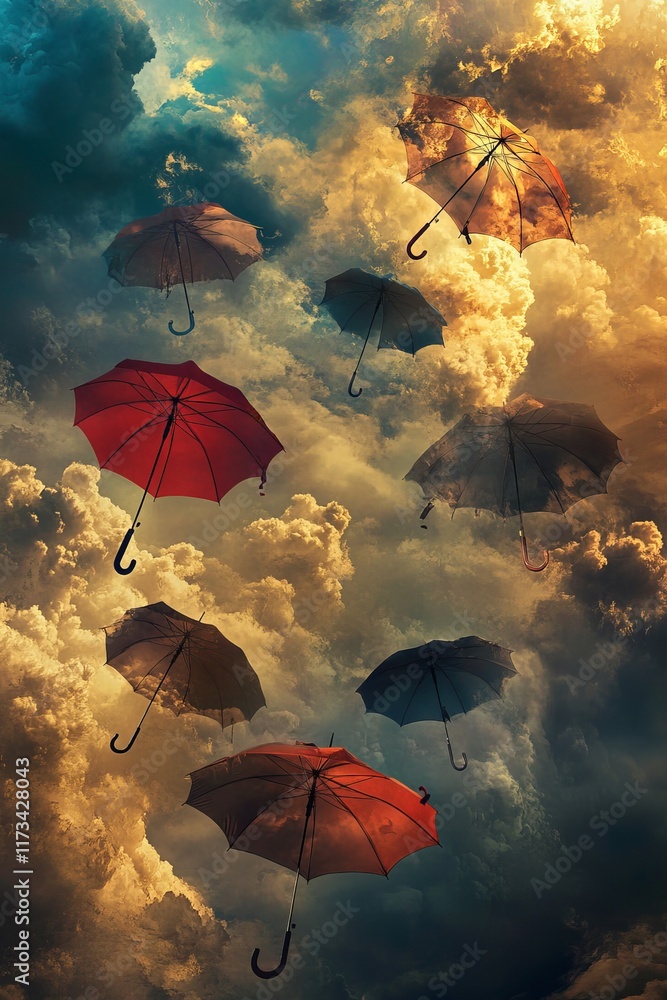 Poster surreal scene of umbrellas floating through dramatic clouds, evoking a sense of wonder and imaginati