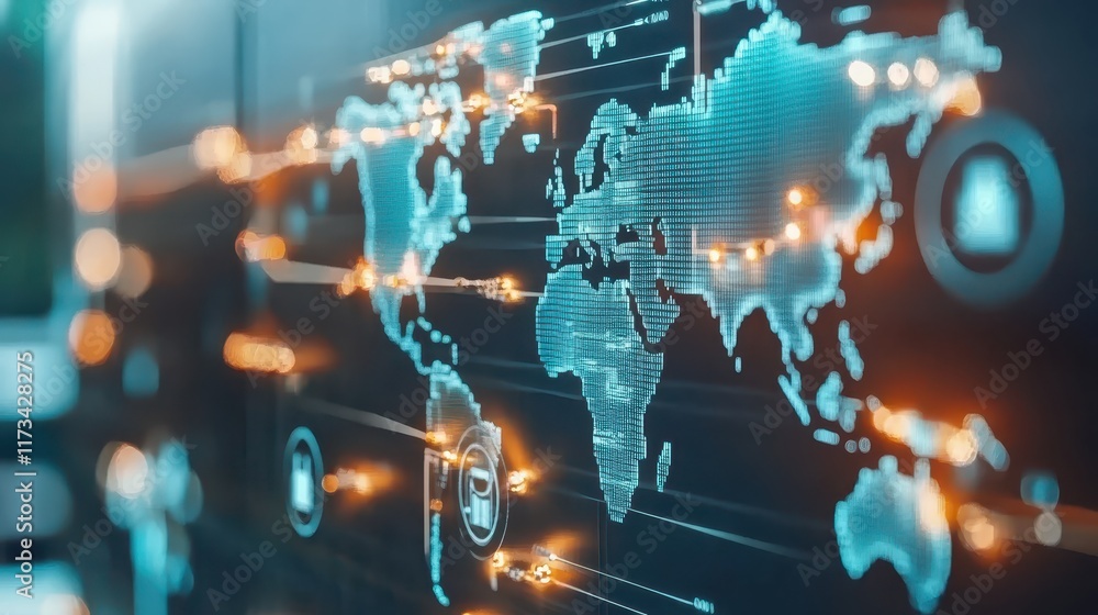 Poster world map on computer screen, exploring global connectivity and information access