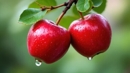 Hyper-realistic macro photography of two red apples hanging on a branch, covered in fresh dew drops glistening in soft morning light, with a blurred natural background