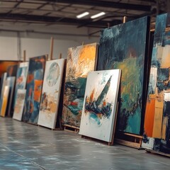 A collection of vibrant abstract paintings showcased in a contemporary art gallery. The artworks display a mix of colors and textures, inviting viewer engagement.