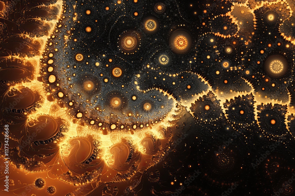 Poster black and orange abstract painting with many small circles. the circles are of different sizes and c