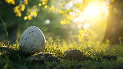 A large, speckled egg rests on grass, illuminated by soft sunlight in a serene natural setting.