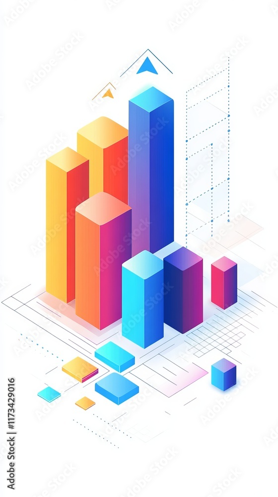 Poster colorful 3d bar chart illustration with geometric shapes and gradients, ideal for data visualization
