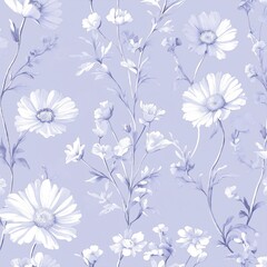 Fototapeta premium A seamless pattern of delicate wildflowers in white line art, set against an isolated lavender background. The design incorporates dusty blue and soft gray tones for contrast.