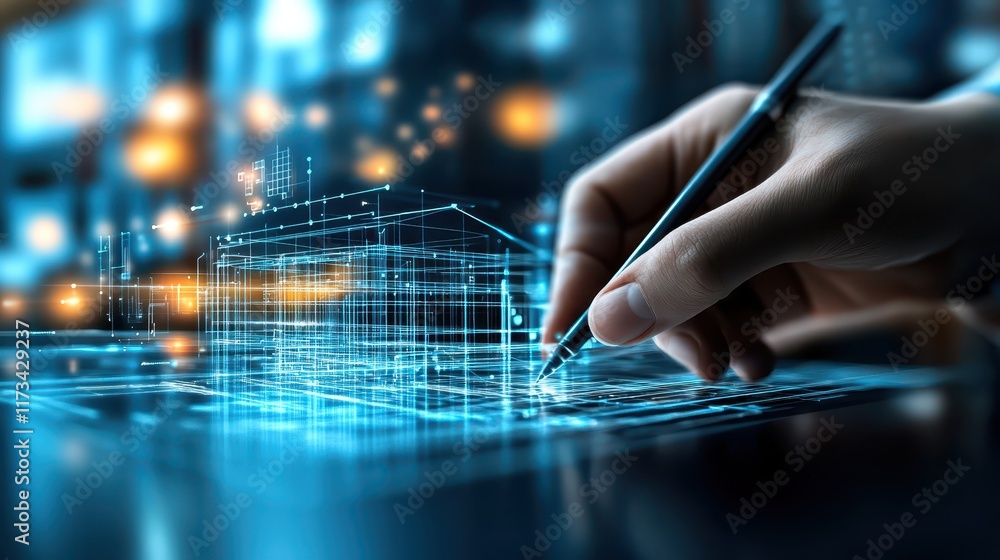 Poster boosting productivity, person with pen and laptop focused on efficient digital workflow