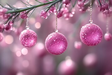 Pink Christmas ornaments hanging from a dewy branch.