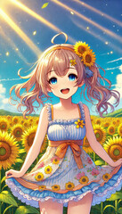 Cheerful Girl in Sunflower Field with Blooming Sunshine and Blue Sky Scene