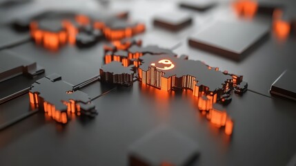 3d cityscape in vibrant orange glow, futuristic urban landscape with illuminated skyscrapers at night