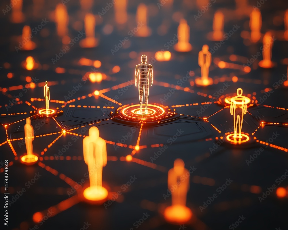 Poster social network concept with illuminated user icons, connected by glowing lines, dark background, 3dr