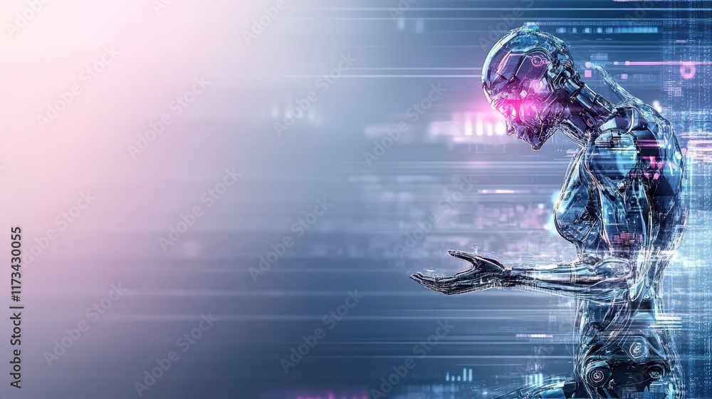 Poster robot against digital background, exploring futuristic technology, artificial intelligence, and auto
