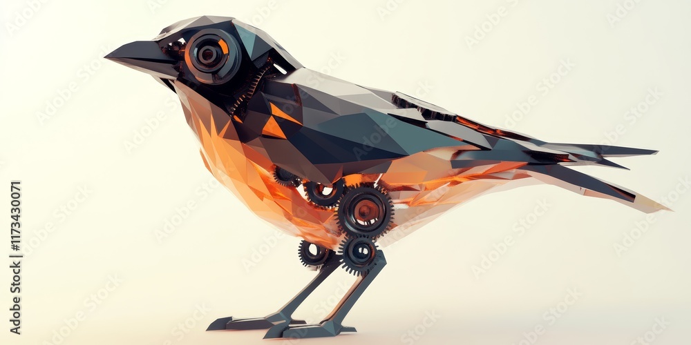 Poster a bird with mechanical parts is standing on a white background. the bird has a mechanical look to it