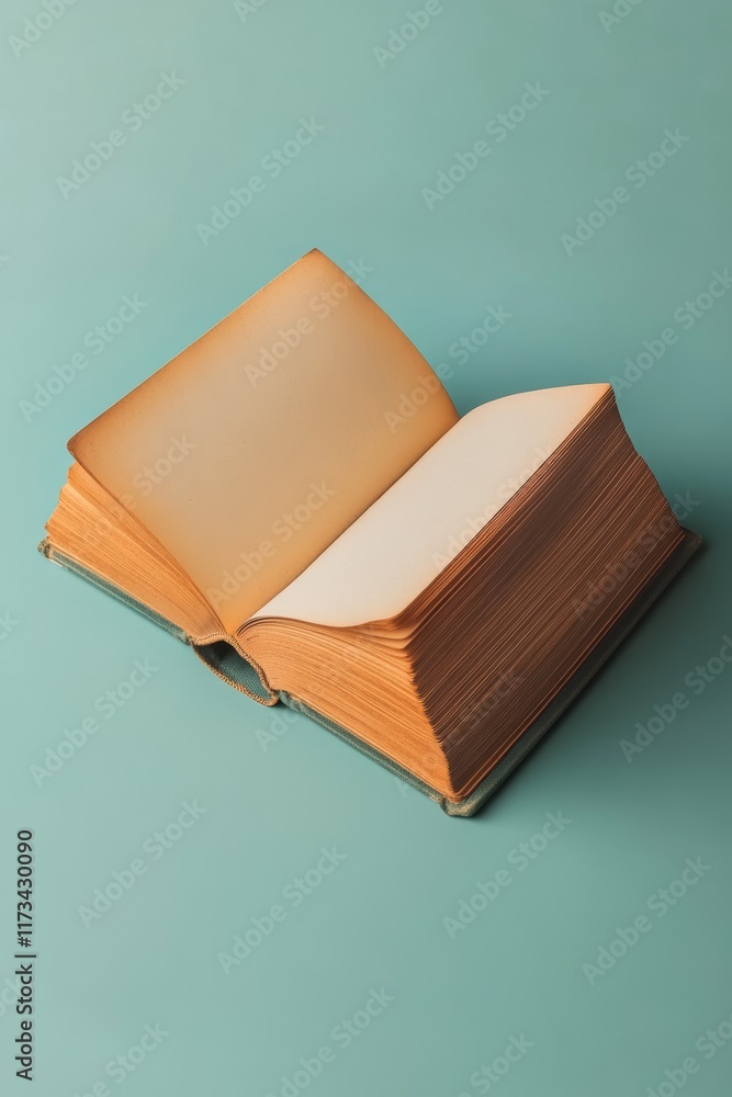 Poster a book is open to a page with a few words on it. the book is old and has a worn look to it. the page