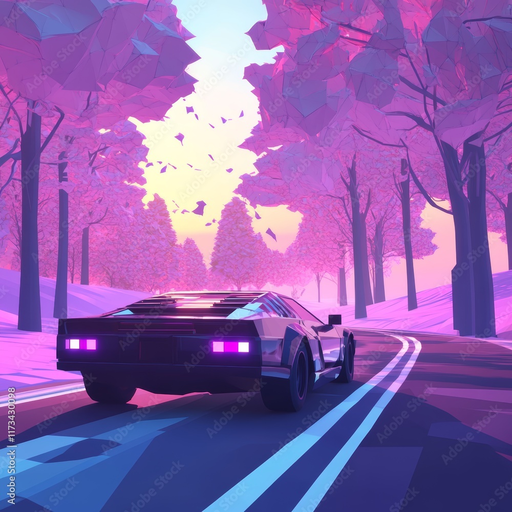 Poster a car is driving down a road with trees in the background. the car is purple and has a neon light on