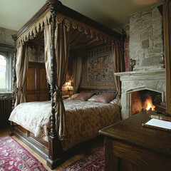 Canopy bed in stone castle room, fireplace lit, writing desk, window view
