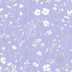 Fototapeta premium A seamless pattern of delicate wildflowers in white on a lavender background, with soft pastel tones and subtle shading for depth. The design incorporates dusty blue and pale gray.