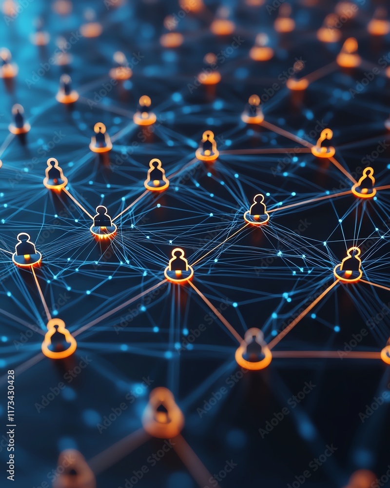 Poster social network concept with glowing digital user icons, connected by lines on dark background, 3d re