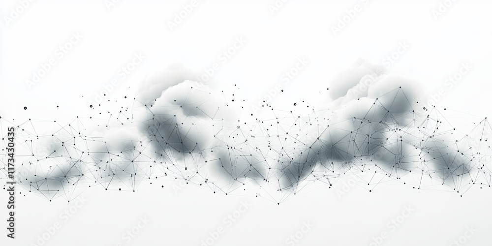 Poster minimalistic cloud network illustration with simple shapes and data visualization elements in white 