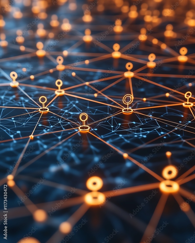 Poster social network concept with glowing digital user icons, connected by lines on dark background, 3d re