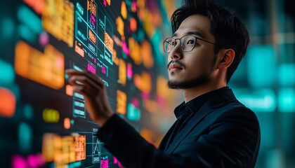 Fototapeta premium chinese businessman interacting with a digital sreen