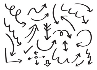Arrow doodle set. Hand drawn arrows. Design of twisted lines. Curvy wave arrows. Vector illustration.