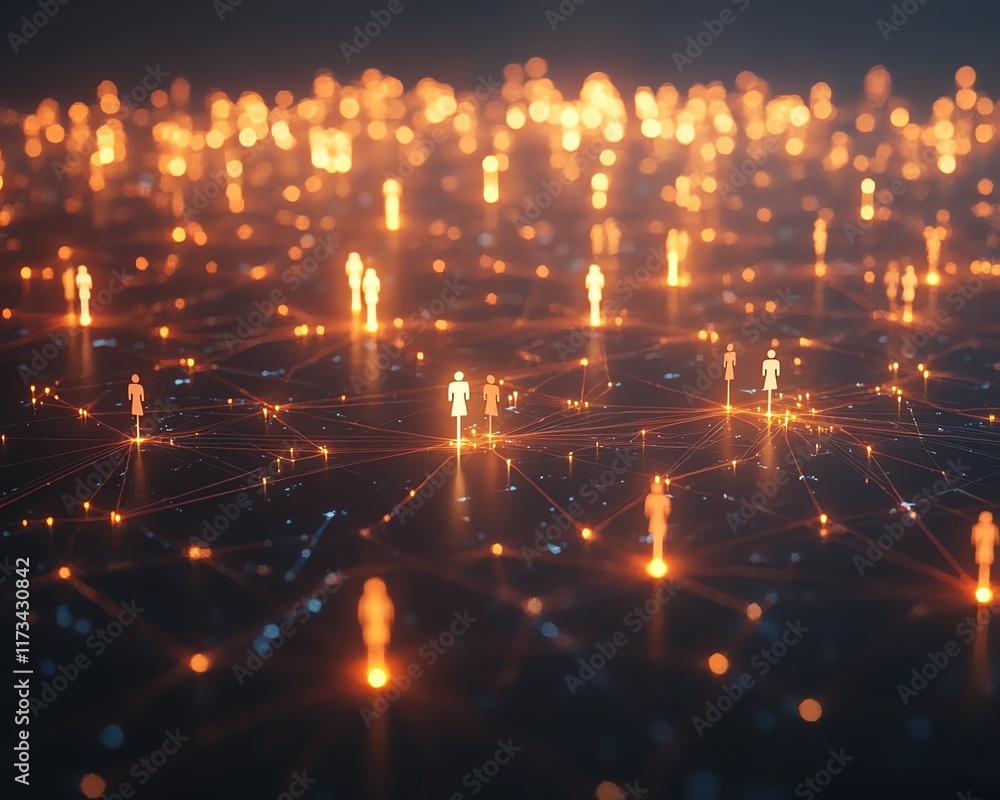 Poster social network concept with illuminated user icons, connected by glowing lines, dark background, 3dr