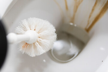 Сlose-up shot of a man cleaning a toilet using a special cleaning product and a brush	