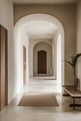 Fototapeta premium A serene, minimalist hallway featuring arched doorways, neutral tones, and natural light, creating a calm and inviting atmosphere.
