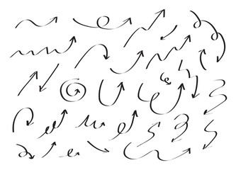 Set of arrows line doodle freehand, Hand drawn arrows, Icon, Sign, Symbol. Curvy wave arrows. Vector illustration.