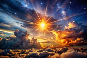 Naklejka premium Night Sky Weather Word Cloud Sunburst Dramatic Cloudscape Photography