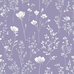 A seamless pattern of delicate wildflowers in white on a lavender background, with soft pastel tones and subtle shading for depth. The design incorporates dusty blue and pale gray.