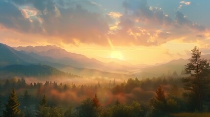 Obraz premium Sunset Landscape background,Minimalist landscape. Mountains,sky,Fog and forest. Vector illustration. panorama, beatiful sky. realistic style.