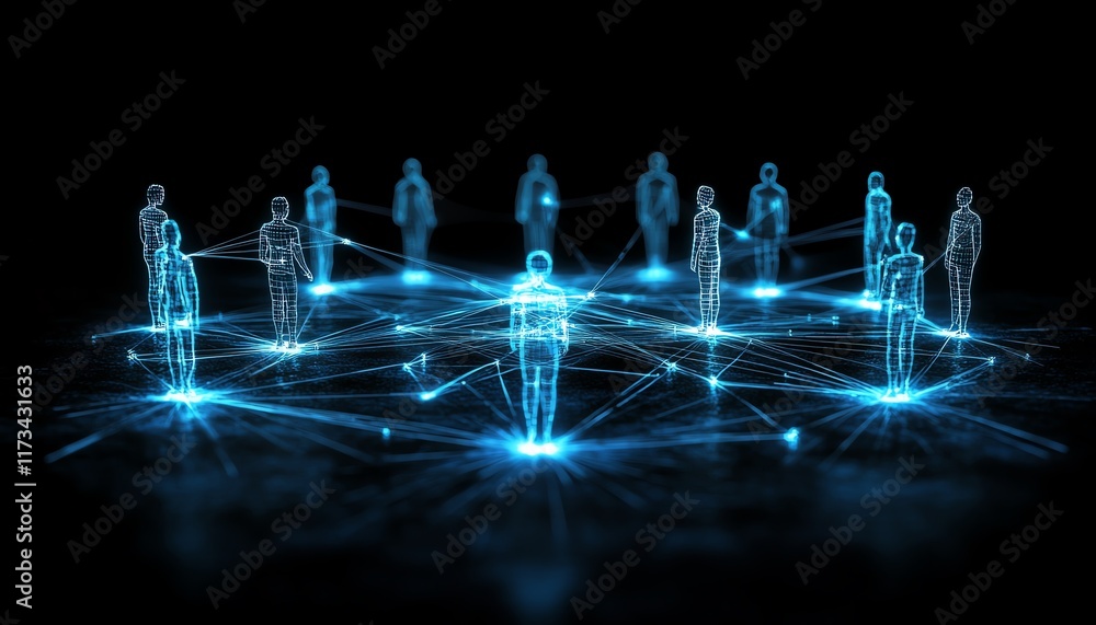 Poster social network connection concept, bright illuminated digital user icons connected by lines, dark ba