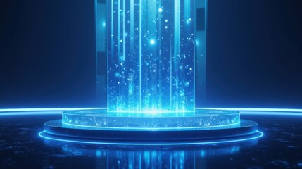 Futuristic Blue Neon Light Effect on Circular Platform with Sparks