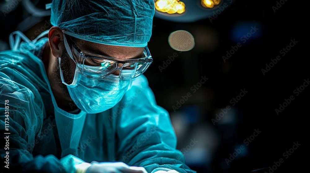Poster surgeon sterile uniform focuses intently complex surgical procedure surrounded bright lights and adv