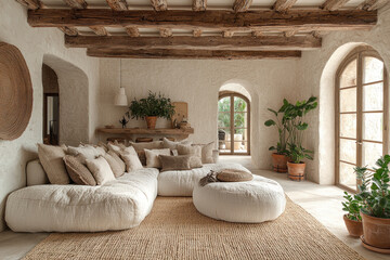 Rustic living room interior, plants, arched doorways, beamed ceiling, relaxed seating