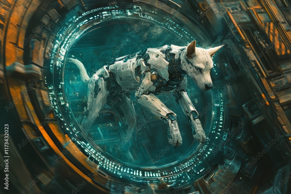 Poster a robotic dog in a sci-fi setting, showcasing advanced technology and futuristic design with glowing