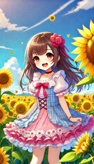 Cheerful Girl in Sunflower Field with Blooming Sunshine and Blue Sky Scene