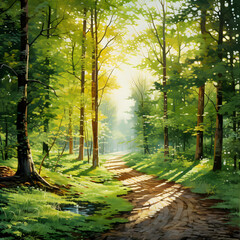 Naklejka premium Sun-kissed Forest Path: A Lyrical Portrayal of Nature's Tranquility and Timelessness