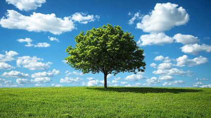 Obraz premium One tree in grass meadow nature field, blue sky with clouds in background, copy space. rural spring summer outdoor beautiful environment landscape, countryside land scene.