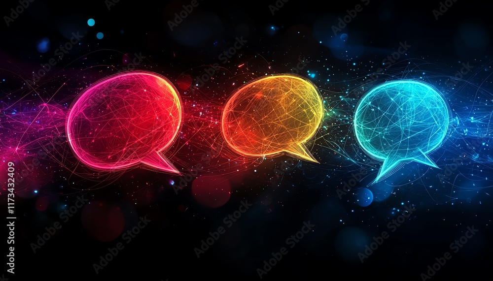 Poster speech bubbles connected by digital lines, representing communication networks, blurred tech backgro