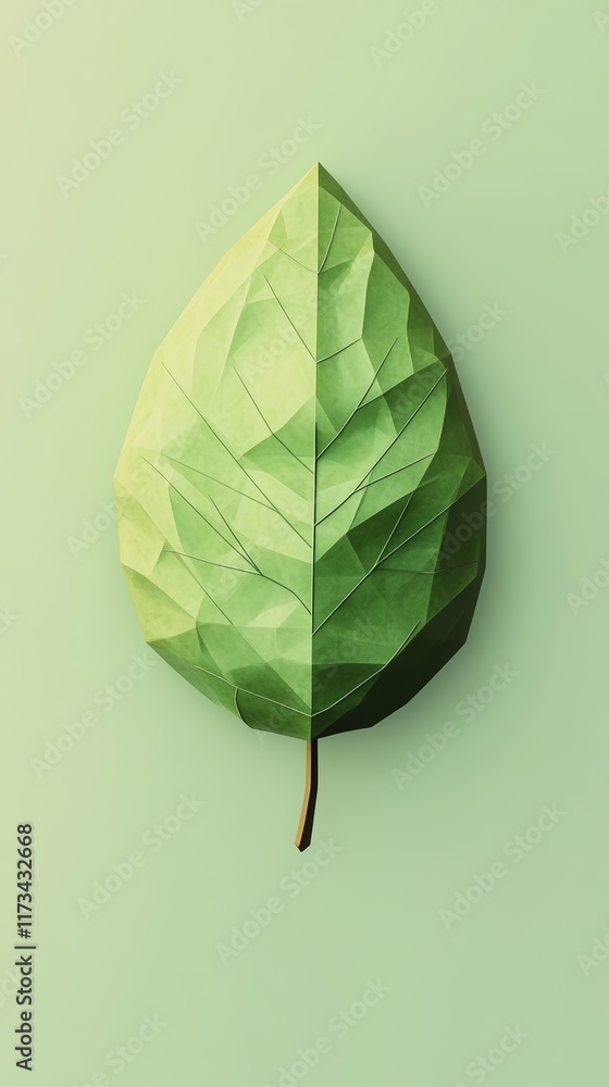 Poster a leaf with a green color and a rough texture. the leaf is cut out of paper and has a pointed tip