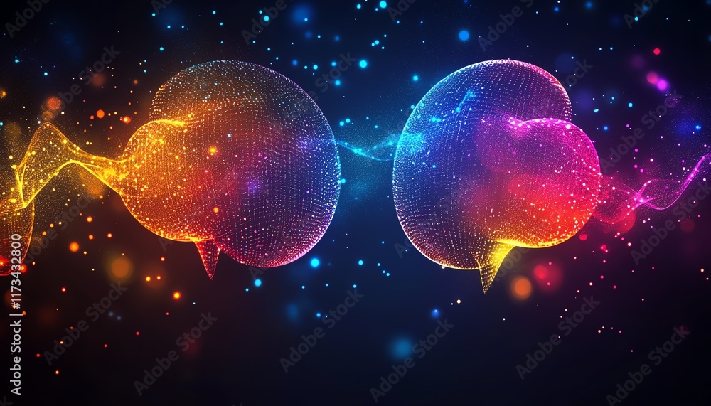 Poster speech bubbles connected by digital lines, representing communication networks, blurred tech backgro