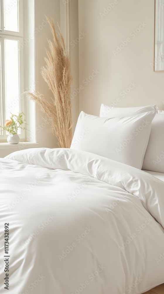 Poster white bedding sheets and pillows are neatly arranged on a made bed, with pampas grass in a vase addi