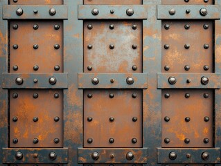Fototapeta premium Close-up of weathered metal panels with rust and rivets, showcasing industrial design, texture, and aged material details.