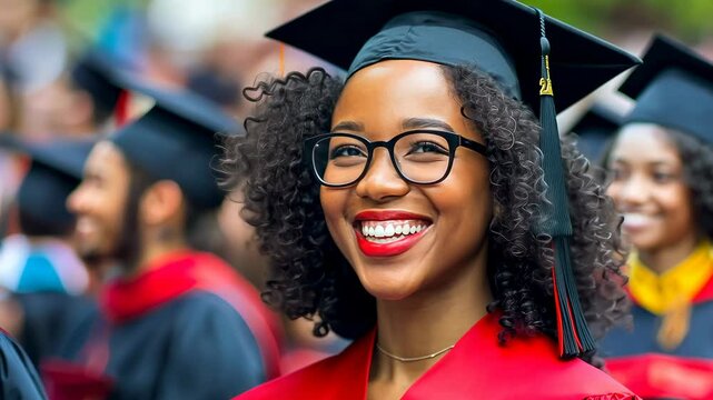 A young Black woman, graduating with a bright smile, wears a cap and gown, celebrating her accomplishment amidst a crowd. The scene radiates joy, capturing the essence of achievement.